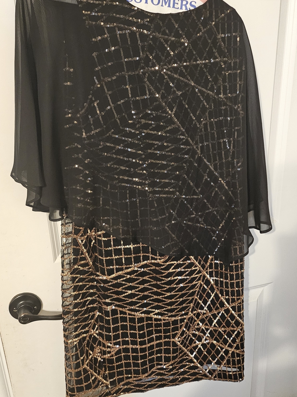 Ivanka Trump Black and Gold Sequin Midi Dress with Sheer Cape